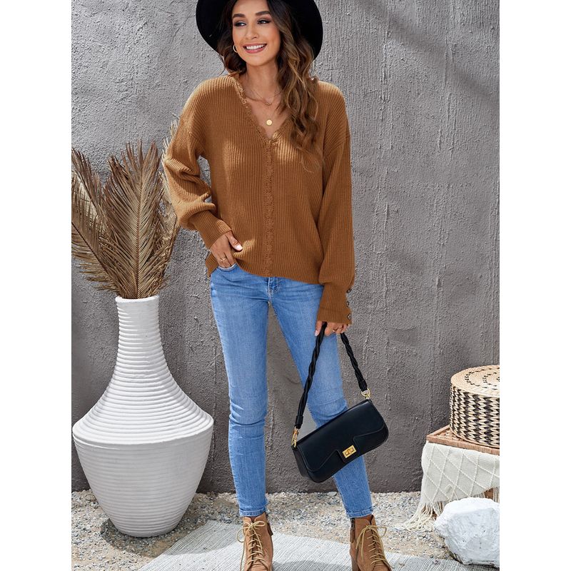 Fall and Winter Lace V-neck Loose Cropped Pullover Sweater