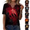 Women's Casual Halloween Print V Neck Short Sleeve Button Front T Shirt Top for Everyday Wear and Seasonal Events