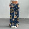 Women's Casual Christmas Printed Loose Straight Leg -Lined Pants with Elastic Waist