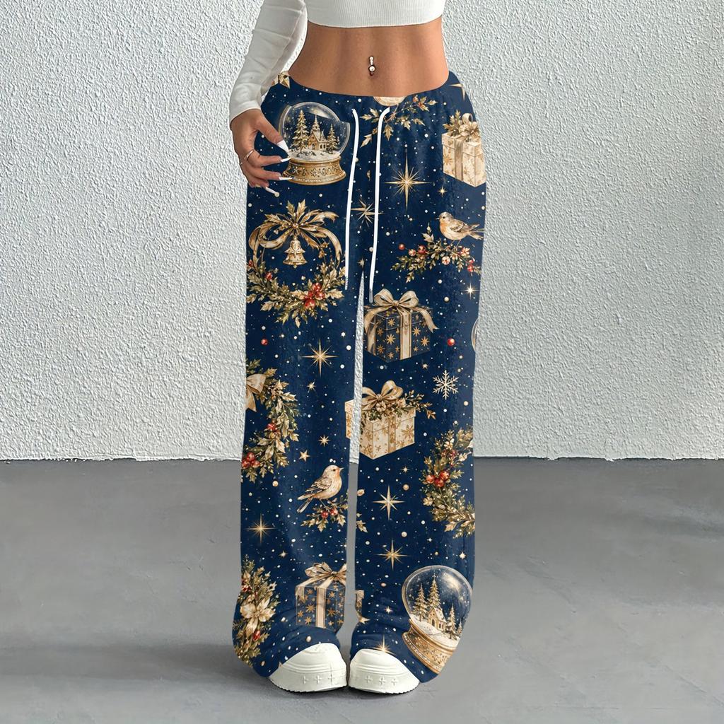 Women's Casual Christmas Printed Loose Straight Leg -Lined Pants with Elastic Waist