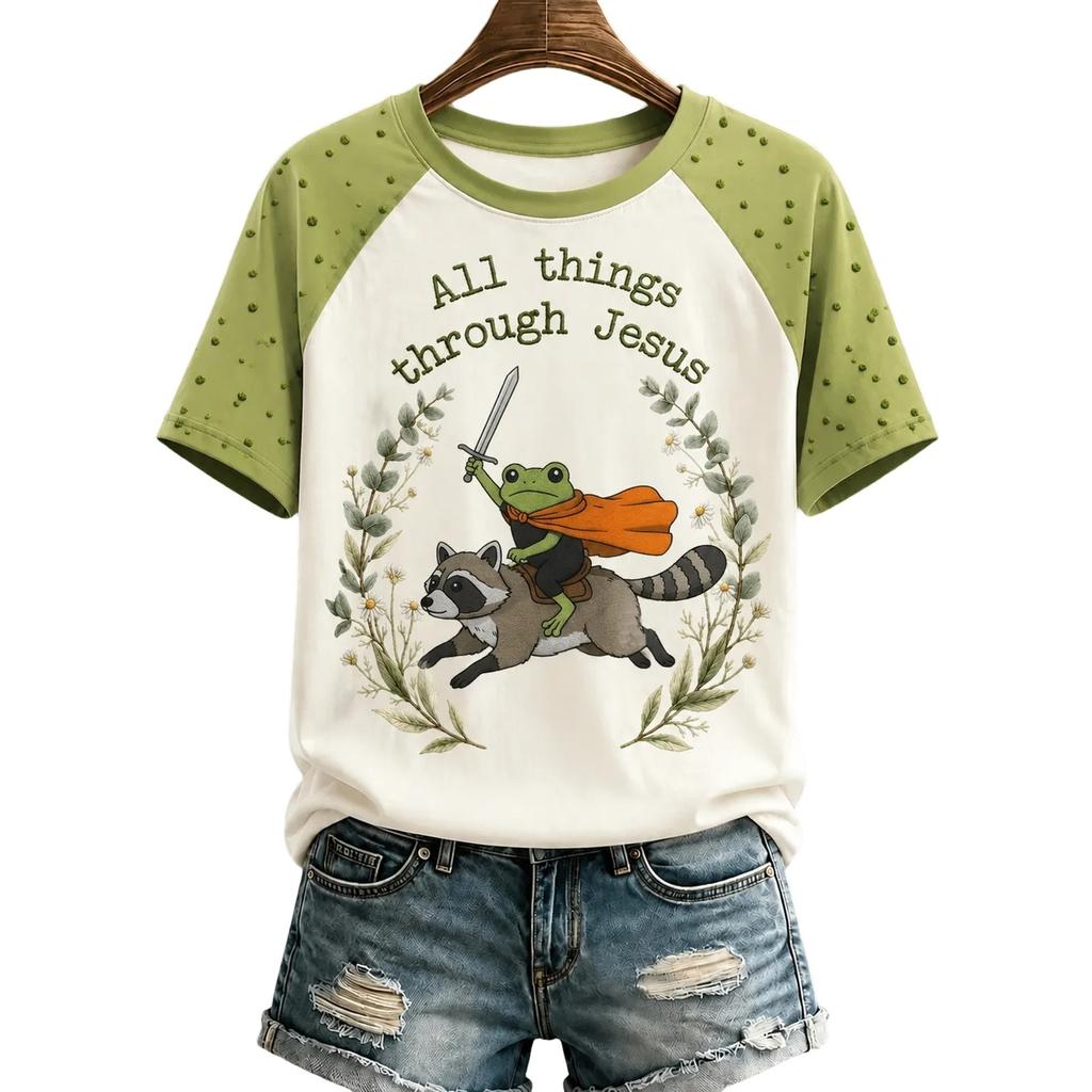 Women's Short Sleeve T-Shirt with Letter Print Raglan Sleeve Neck Casual Summer Top