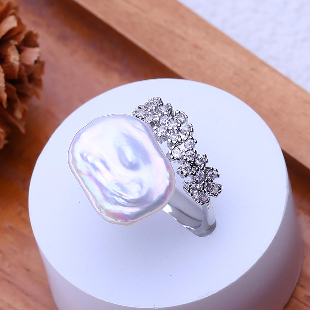LSOOYH Freshwater Big Baroque Pearl Rings For Women Classic Silver Color Party Ring Anniversary Birthday Gifts