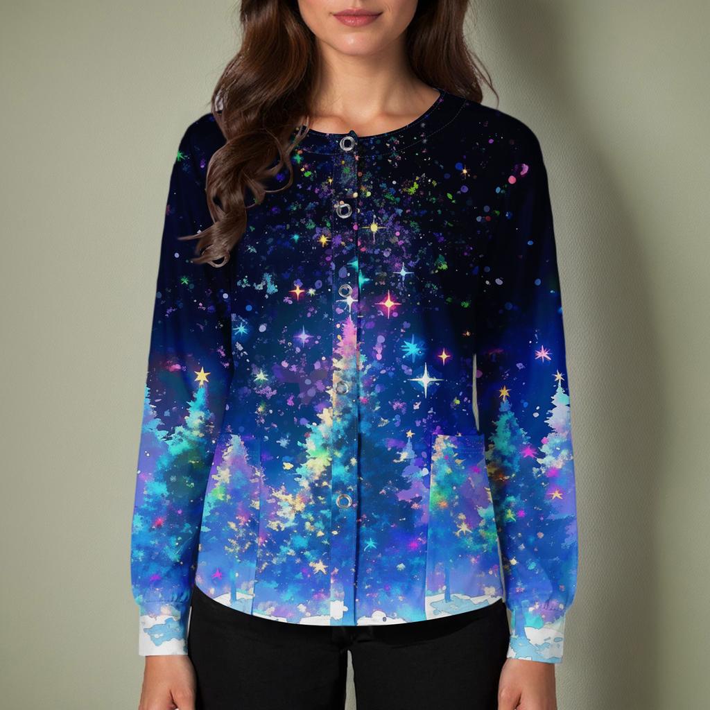 Women's Casual Long-sleeved Single-breasted Christmas Printed Protective Clothing Cardigan Top