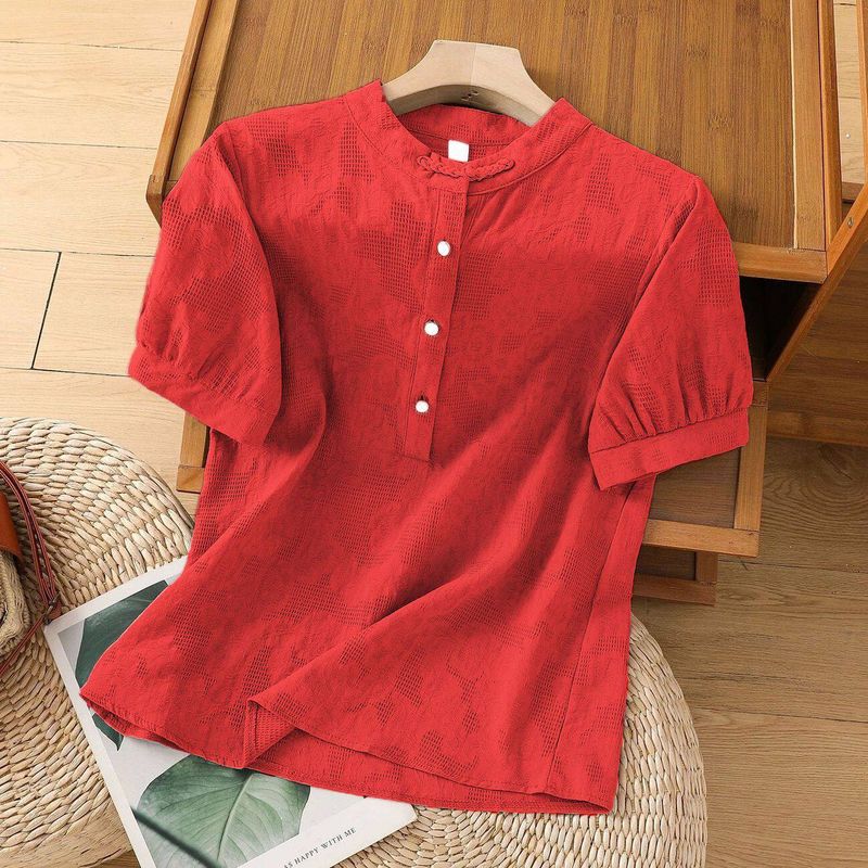 Chinese Style Stand-up Collar Frog Button Women's Shirt Summer 2025 New Arrival Loose All-Matching Top Thin Short Sleeve Cotton Shirt