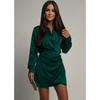 Damen Lapel Kragen Langarm Satin Wickel Raffung Mini Kleid Einfarbig Elegant Lässig Partykleid