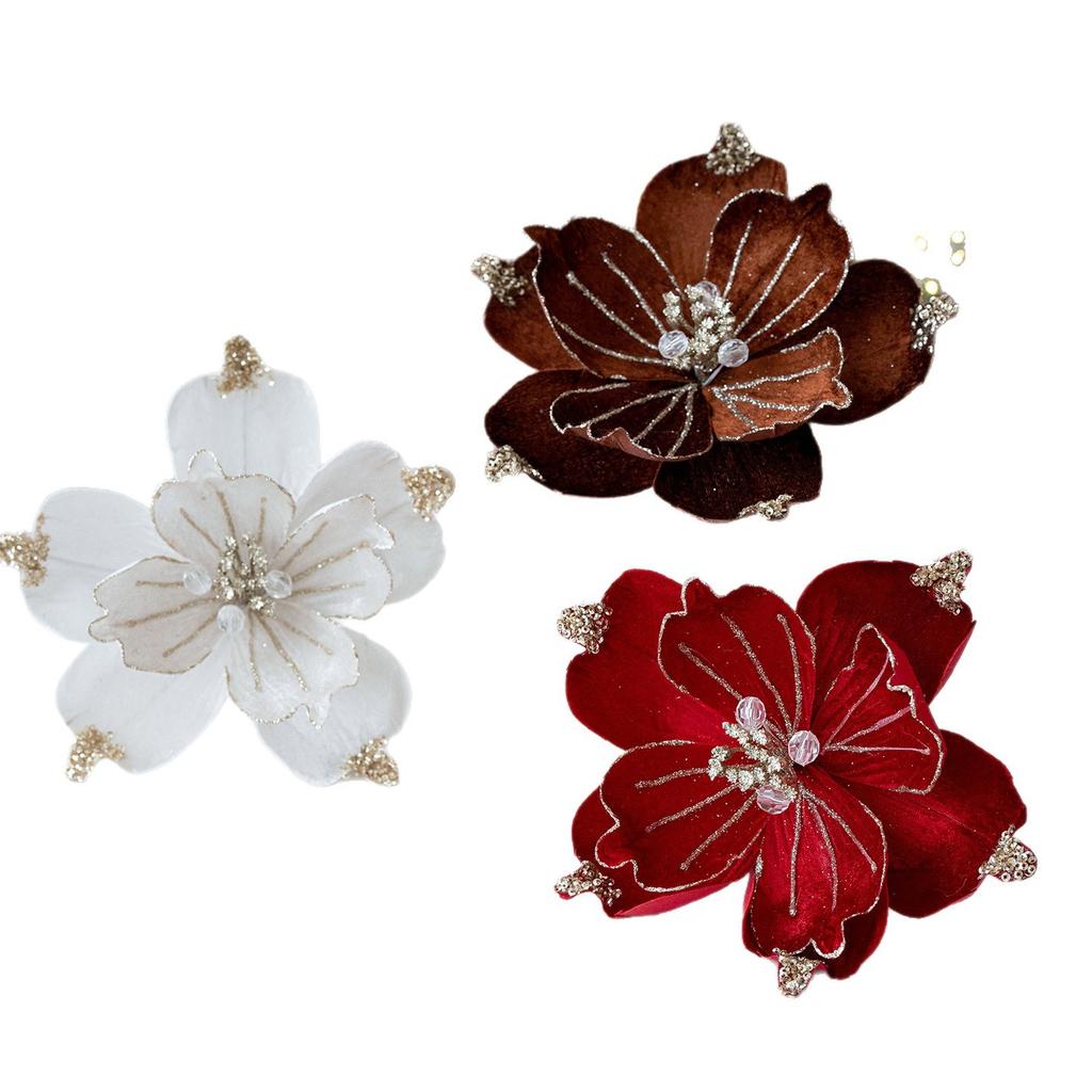 1PC Christmas Artificial Flower 22cm Fabric Sticky Pink Sequins Imitation Magnolia Flower Living Room Decoration Christmas Decoration Small Gift