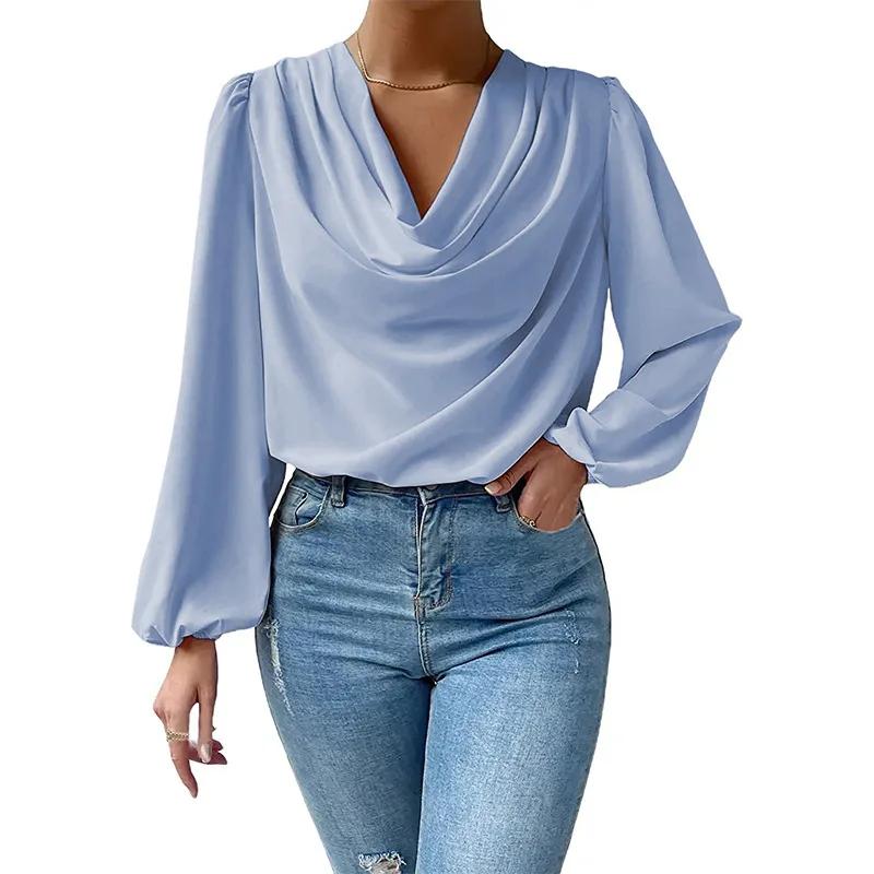 Chiffon Long-Sleeved T-Shirt Loose Draped V-Neck Top Pull On Tees for Women