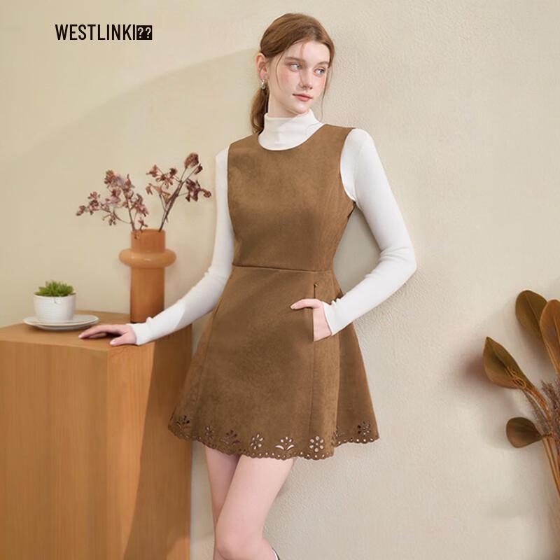 

Westlink Vintage Suede Lace Trim A-Line Vest Dress S