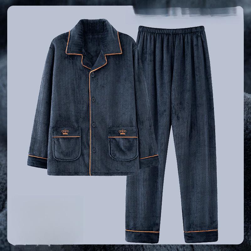 Men's Coral Fleece Velvet Pajamas Set - Thick, Warm, Long-Sleeved Flannel for Autumn and Winter