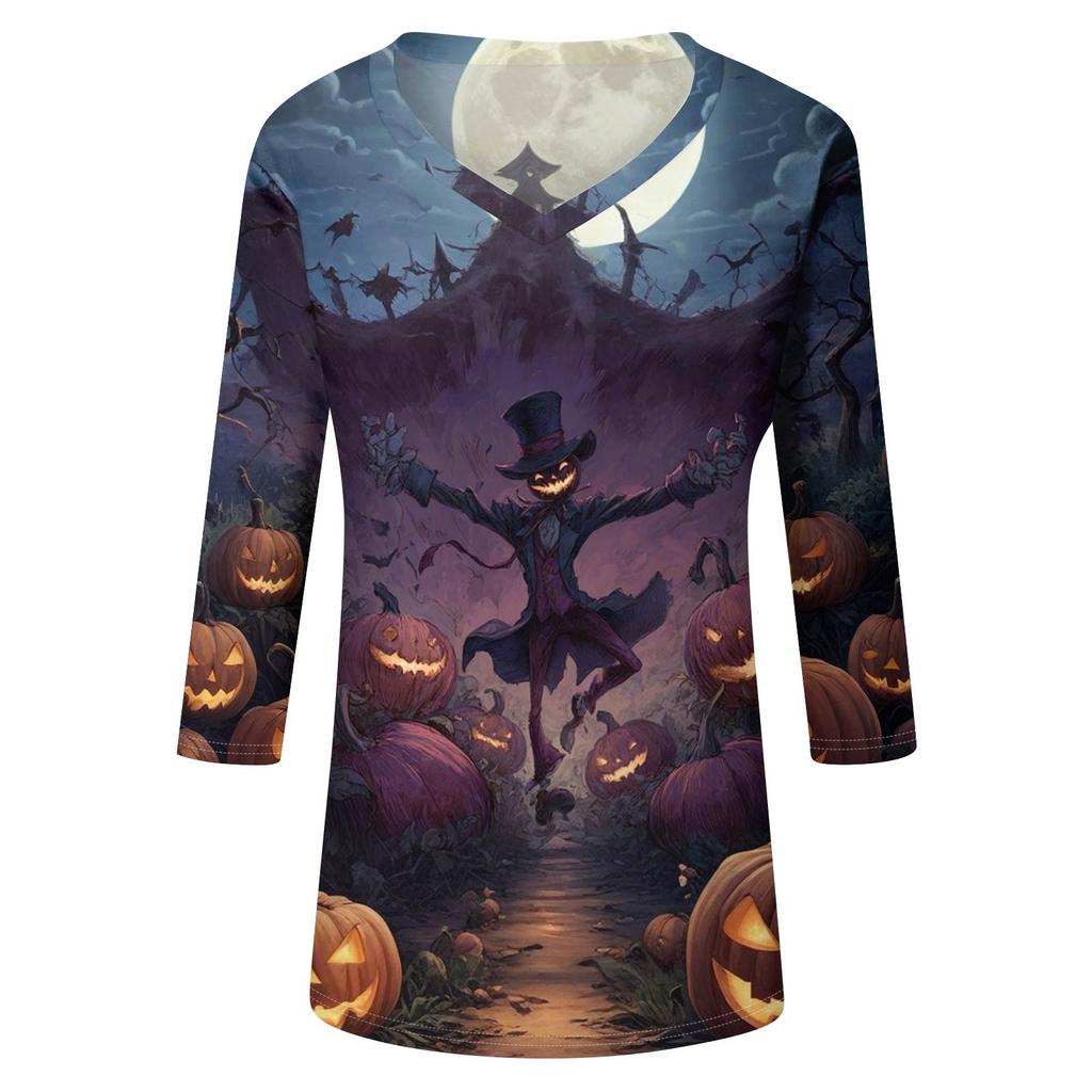 Damenoberteile Dreiviertelarmhemd V-Ausschnitt Lockeres Freizeitshirt Druck T-Shirt