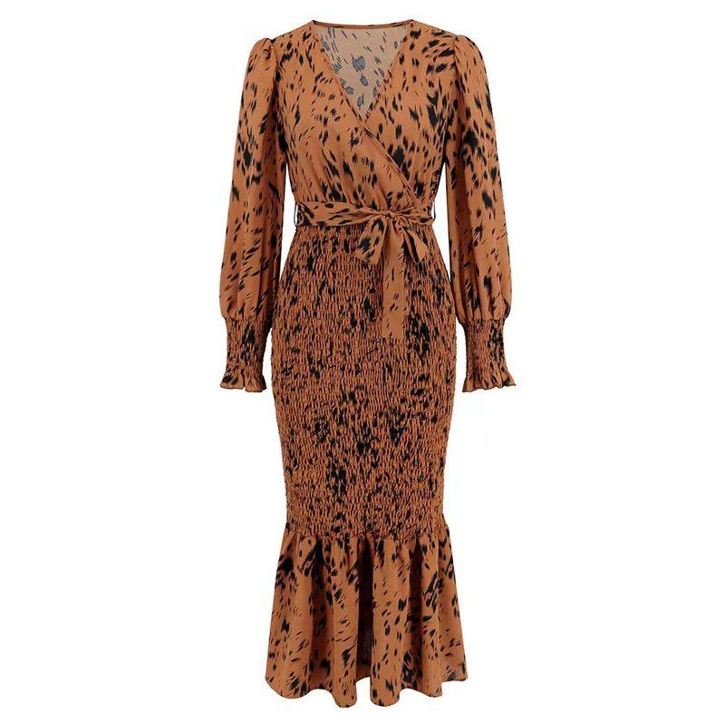 

Fashion Wind V Neck Belt Print Fishtail Silm Dress V-Neck Printed Fishtail Dress Coffee Gray L