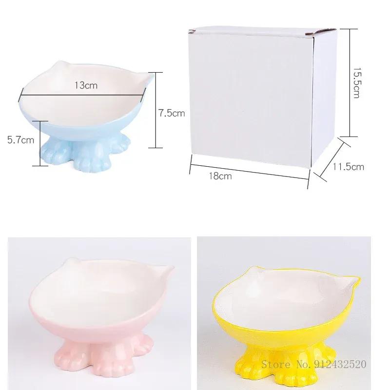 Cat Ceramic Pet Bowl Oblique Mouth Feeding High Foot Protection Cervical Spine Color Inclined Ceramic Cat Bowl Pet Supplies, 1Pc