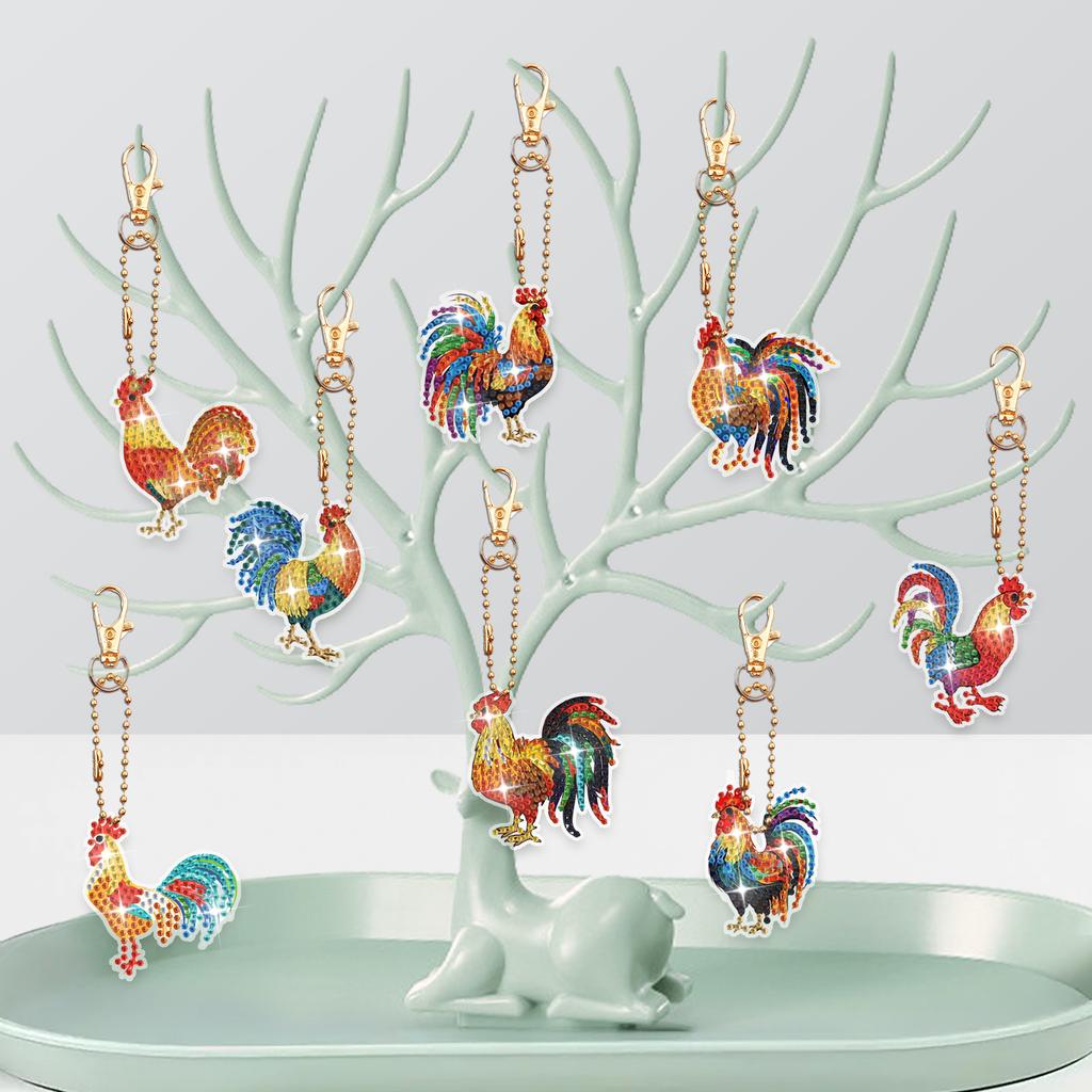 8 STÜCKE/Set DIY Acryl Diamantmalerei Schlüsselanhänger/Taschenanhänger mit doppelseitigem Kuh/Bunte Katze/Hahn Musterdesign