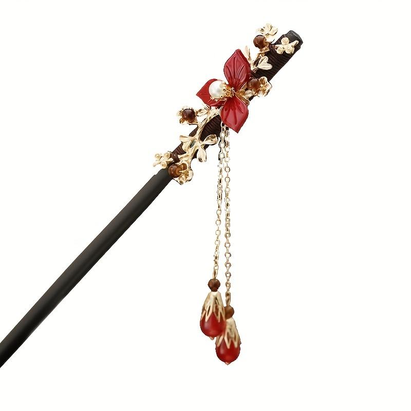 1pc of Wooden Red Rose Flower Tassel Faux Pearl Hairpin, Vintage New Year, Bridal Gift Hair Accessory, Christmas Present