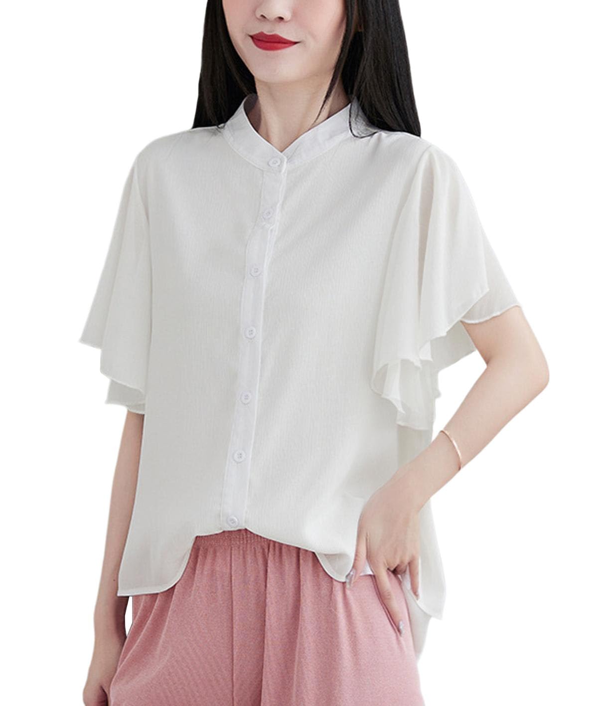 

Рубашка для полных, свободного кроя, большого размера [EASTEMPO] Женская, Рукав, Лето, Стильная, Шифон, Посадка, Офис, Тонкая, Однотонная, (JP, Алфавит, L, Белый) белый