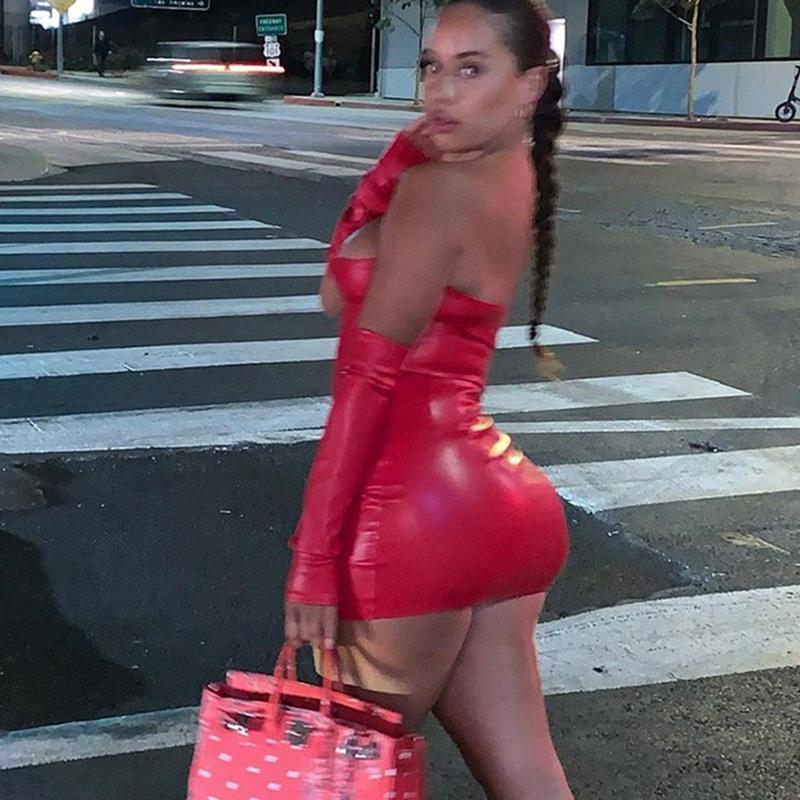 Spring Summer Sexy PU Strapless Women Solid Color Slash Neck Club Style Hip Short Dress