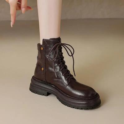 Herbst und Winter 2024 Neue Kurzstiefel mit dicker Sohle für Damen Runde Spitze Dick mit Rutschfestigkeit Britischer Stil Damenstiefel
