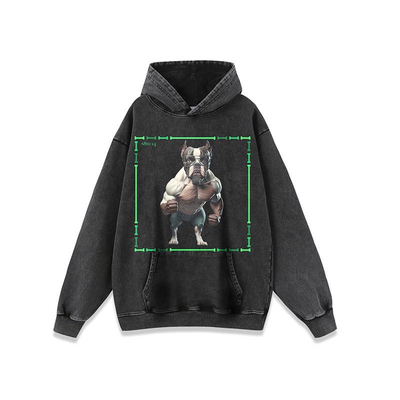 Mens Oversized Streetwear Hoodie With Dog Print Heavyweight Cotton Washed Vintage Style Loose Fit