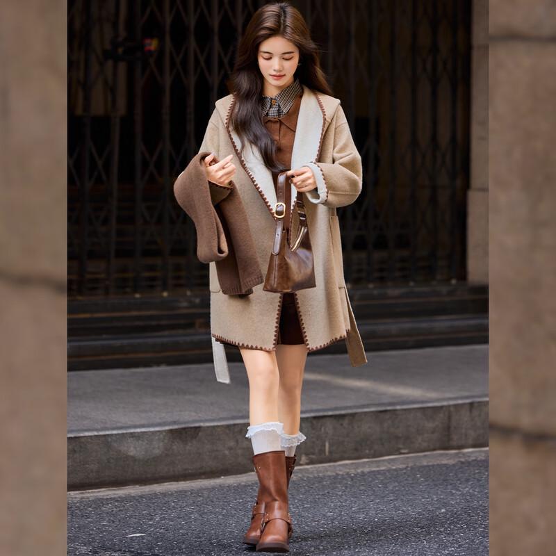 Bailuyu Women's Hooded Wool Blend Double-Faced Mid-Length Coat