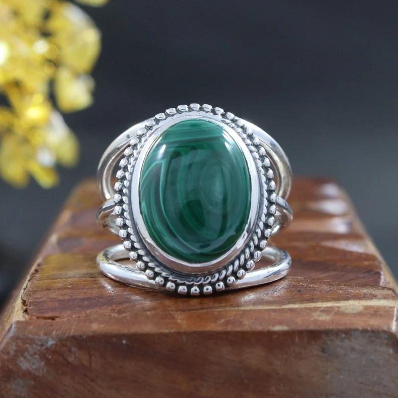 Inel cu piatră prețioasă malachit, inel de designer Boho lucrat manual, argint 925, bijuterii de modă, bijuterii cu farmec de argint