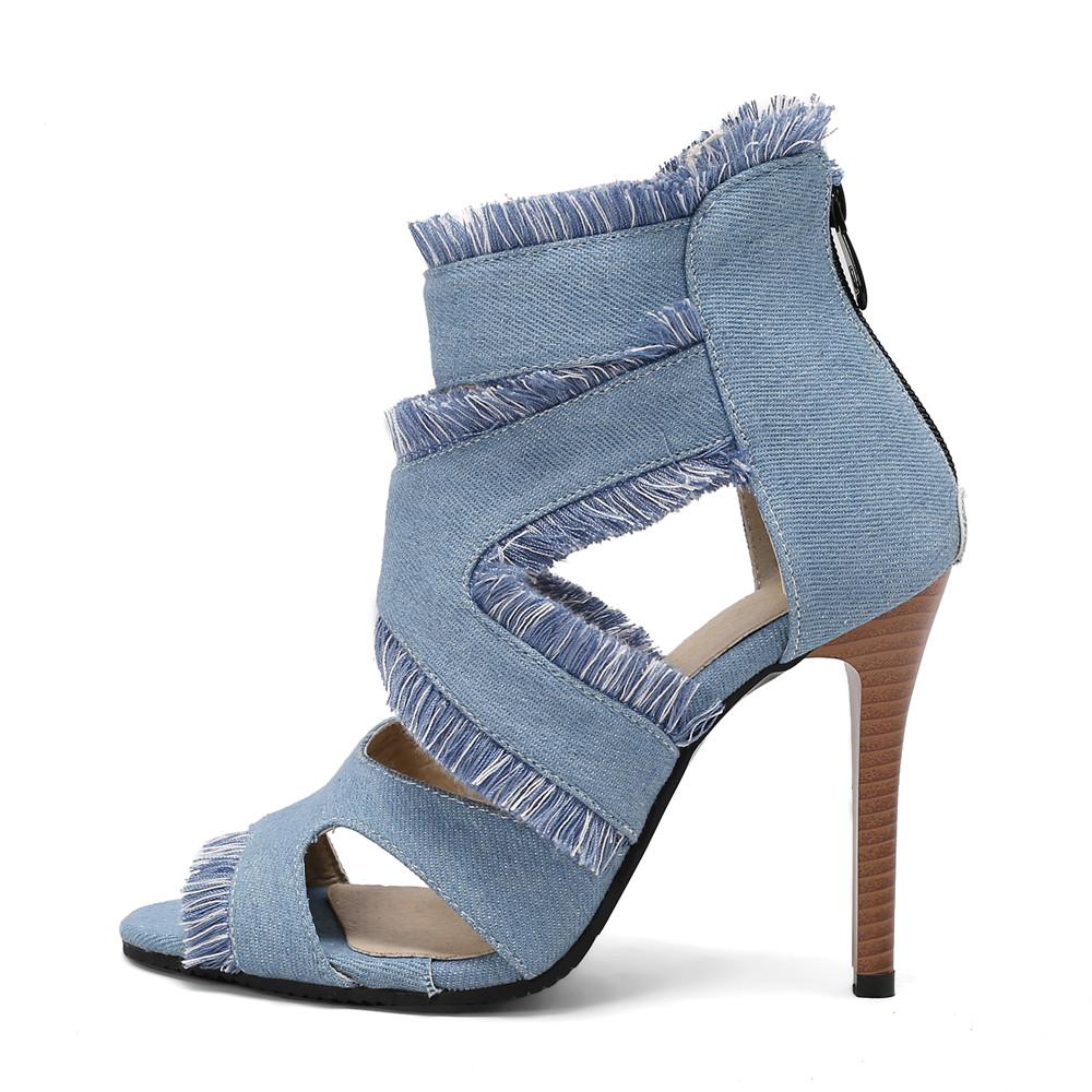 Fashion Summer New Rome Super High Heels Fish Mouth Women's Shoes Sexy Slim Heels Zipper Ankle Strap Denim Sandals Sandalias De Mujer