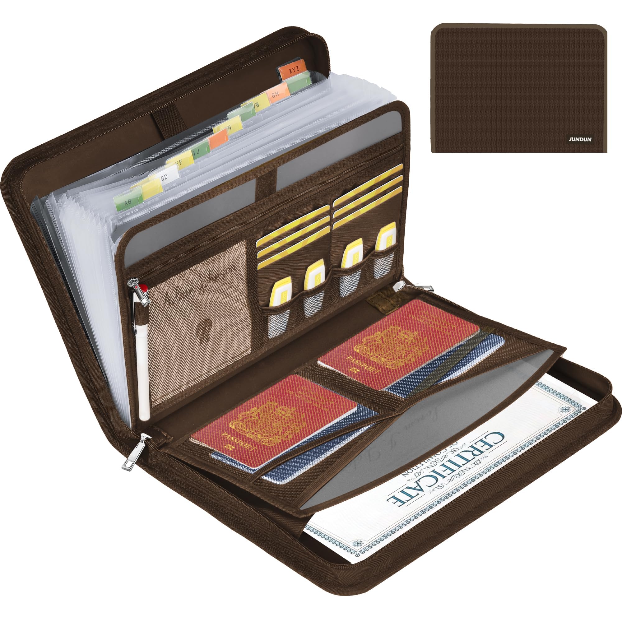 

JUNDUN A4 Fireproof Document File Case with Zipper and Labels for Important 12 Large Capacity Accordion Pockets for A4 and Brown Documents, Letters,