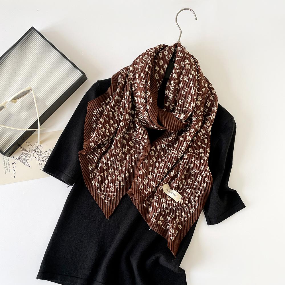 Striped fashionable and elegant imitation cotton and linen scarf women's high-end pleated printed scarf retro simple polyester small scarf