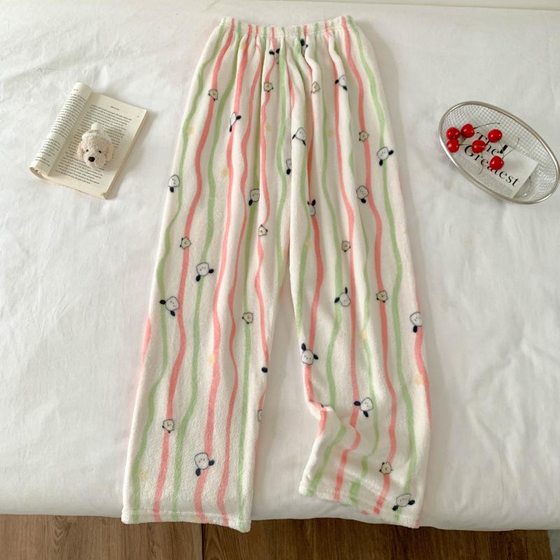 Hello Kitty Coral Fleece-Lined Flannel Pajama Pants for Women - Warm Autumn/Winter Style