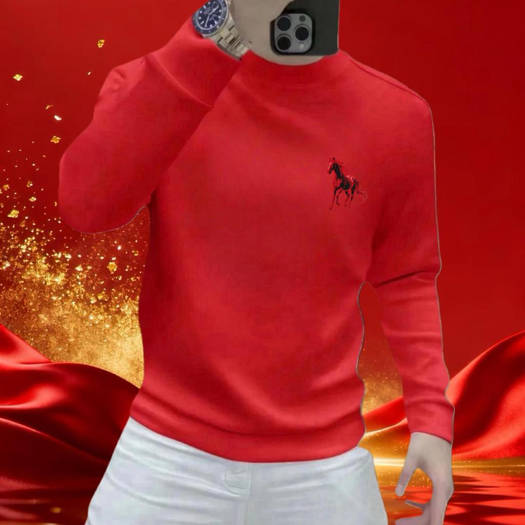 2026 Year of the Horse Zodiac Men's Red Hoodie - Cotton Print Long Sleeve T-Shirt Top
