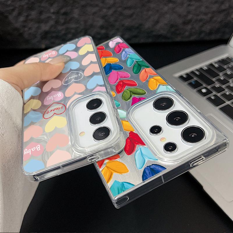 Handyhülle mit Glitzer-Feder-Print und Farbe „Love Hearts“ für Samsung S25 Ultra S24 FE S23 A16 A36 A55 A56 A35 A15, schlanke, stoßfeste PC-Rückseite mit Glitzer