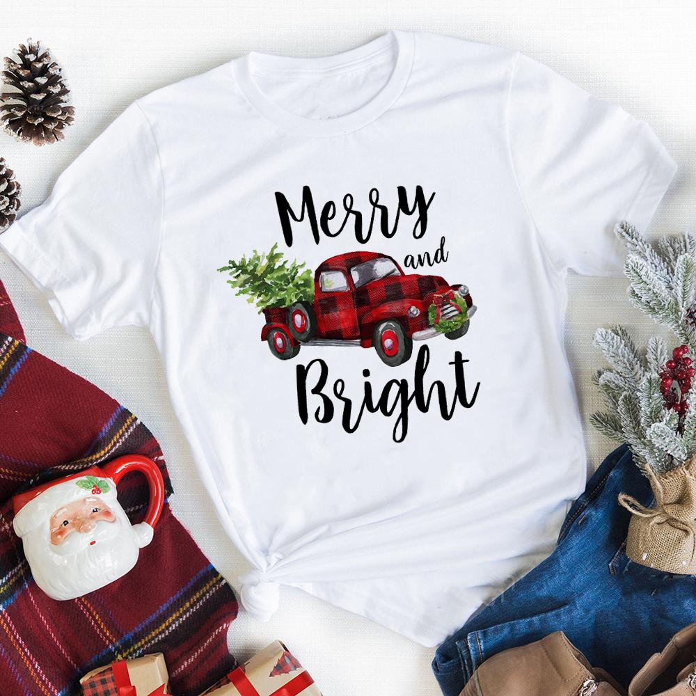Merry Christmas Plaid Tree Printed T Shirt Fashion Graphic Women Top Tshirt Female Kawaii Tee Ladies