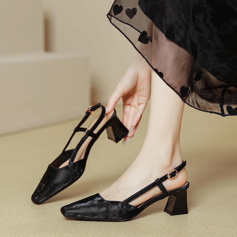 

Сандалии Baotou Новые китайские ретро-туфли в стиле «пустые» зеленые туфли на высоком каблуке, не утомляющие ноги, элегантные сандалии на среднем каблуке 36 чёрный