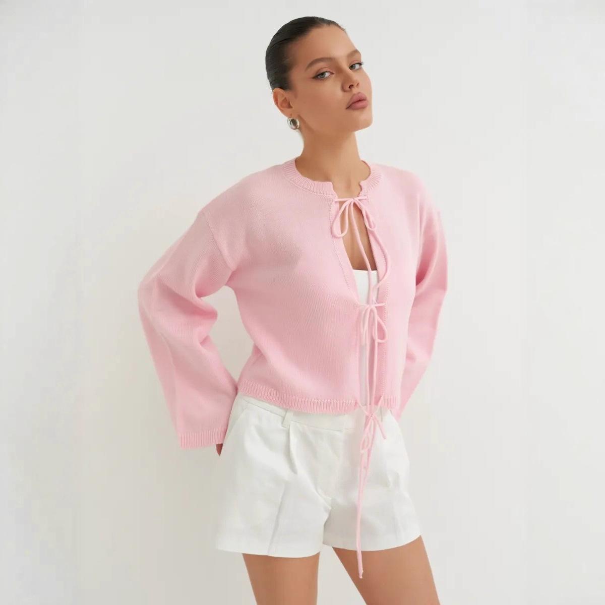 

Женский кардиган с завязкой спереди и бантом, вязаный пуловер с длинным рукавом, верхняя одежда, пальто на шнуровке, с круглым вырезом, вязаные крючком кардиганы для женщин, осенний наряд, куртка-свитер S розовый