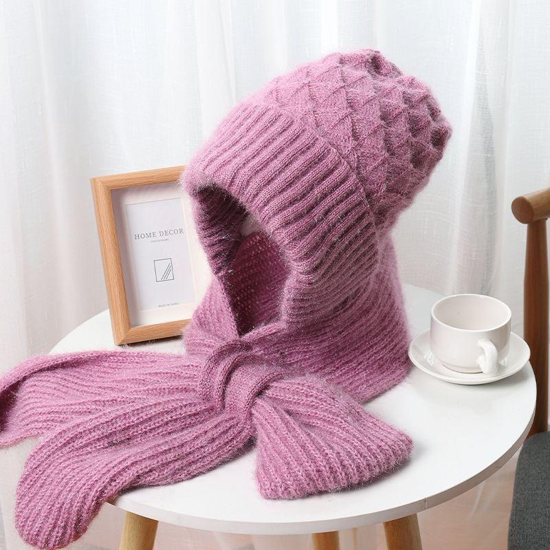 New Snow Hat, Scarf, Integrated Thickened Autumn and Winter Hat, Wool Woven Women's Thermal Hat, Cold-proof and Plush Wool Hat