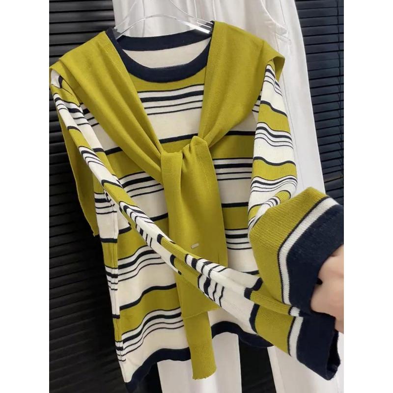 Shawl Striped Crew Neck Bottom Shirt Long Sleeve Sweater Comfortable Pullover Autumn and Winter Skinny Knitted Sweater