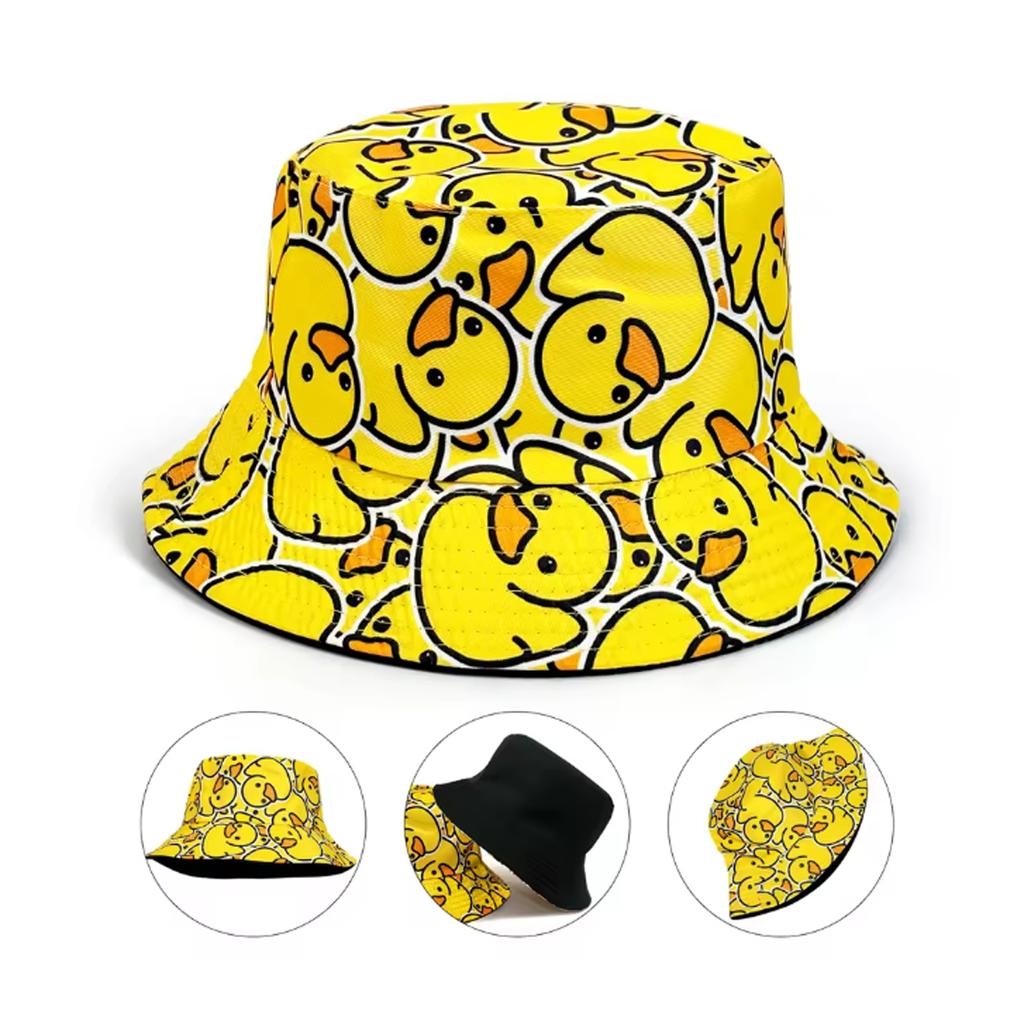 1PC Fashionable Full-Print Duck Casual Bucket Hat Cartoon Print Pattern Bucket Hat Reversible Foldable Lightweight Flat-Top Hat