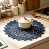 Kitchen Utensil Pads Round Lace Doily, Dark Blue Floral Placemat, Embroidered Table Doilies Mat, Heat-resistant for Home Decoration Dish Mats