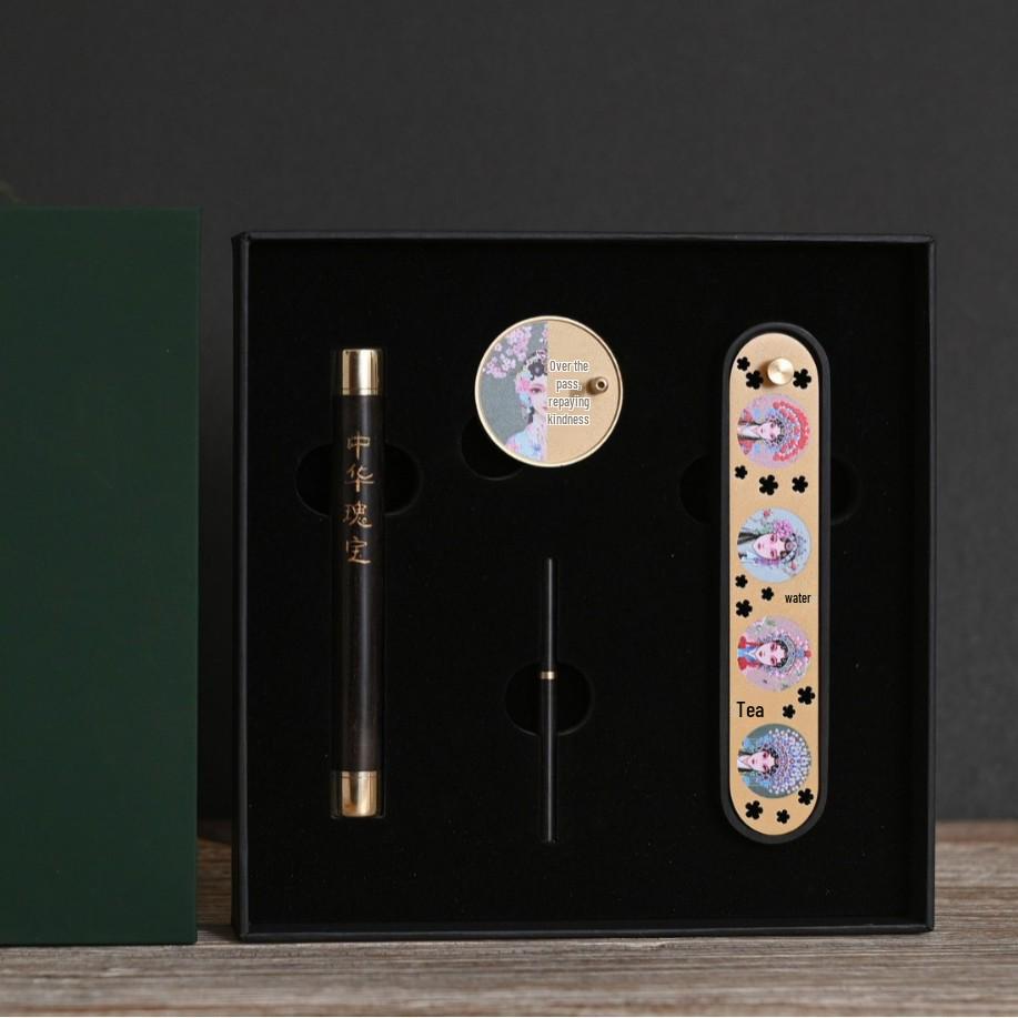 National Essence: Chinese Face-Painting Incense Holder Set with Purple Rosewood, Sandalwood, and Agarwood Incense Sticks - Bedside Box Souvenir