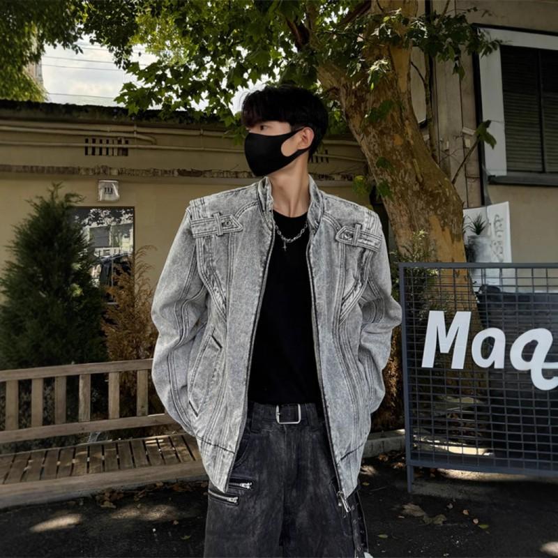 Mens Denim Jacket Heavy Stitching Design Retro Streetwear Loose Fit Stand Collar Casual Outerwear