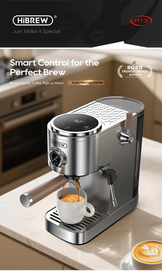 HiBREW H13 Semi-automatic Coffee Machine, Dual Boiler System with 20-Bar Pump Pressure, Multi-function Brewing Modes