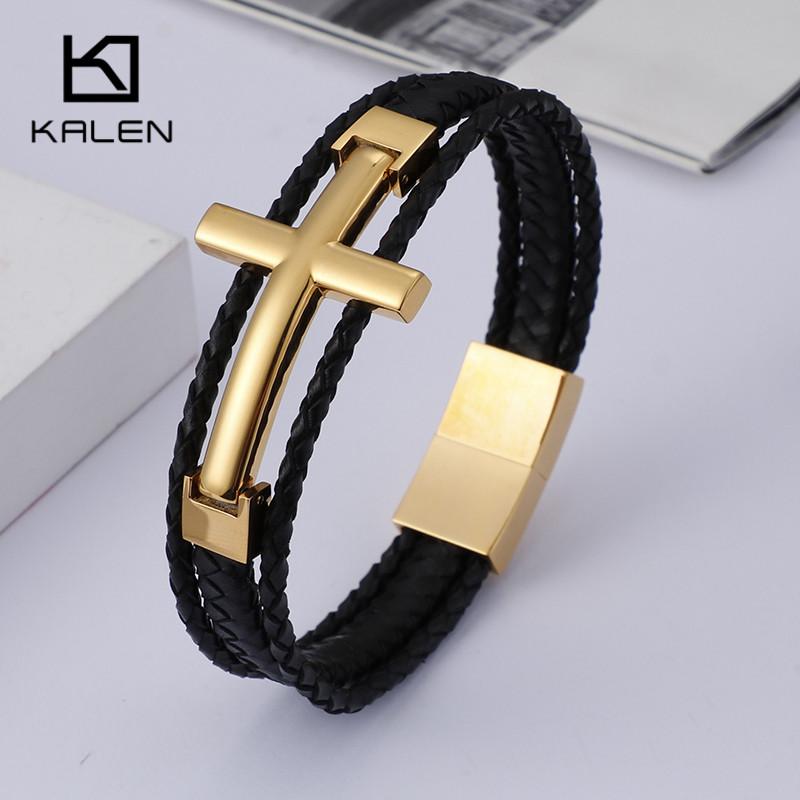 Triple Layered Cowhide Leather Bracelet Men Stainless Steel 22cm Cross Charm Armband Male Fashion Jewelry 2020