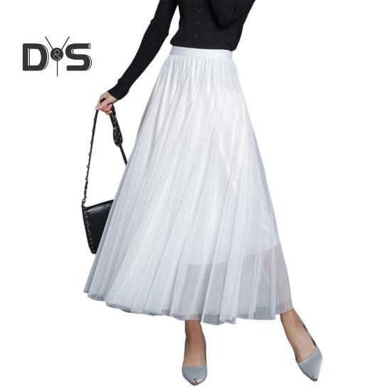 Women Midi Skirt Elastic High Waist Long Skirt with Solid Mesh Hem Solid Color A-Line Skirt Daily Wear