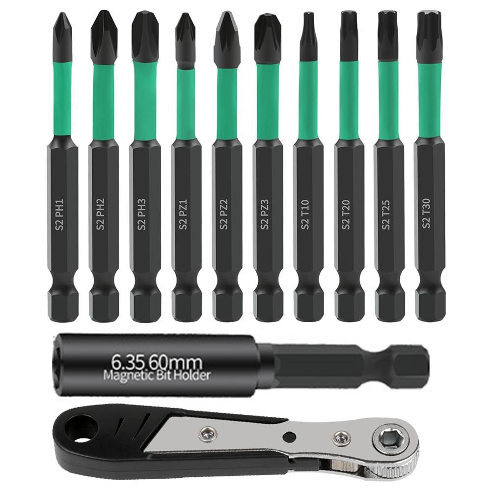 

12Pcs/Set S2 Alloy Steel Phillips Pozidriv Torx Electric Drill Bits with Ratchet Wrench and Magnetic Bit Holder Type A