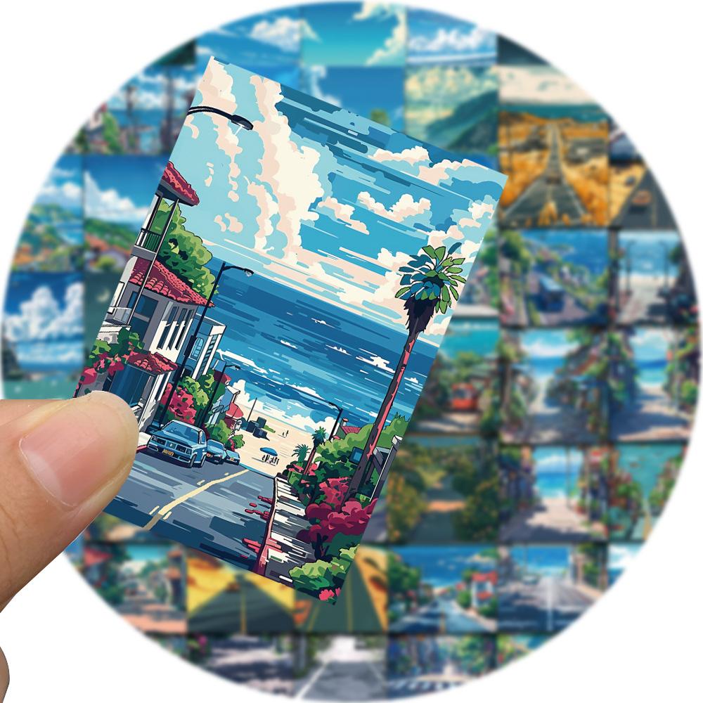 50PCS The road leading to the sea Sticker Original Fun Square Notebook Laptop Luggage Cafe Cartoon Waterproof Phone Stickers
