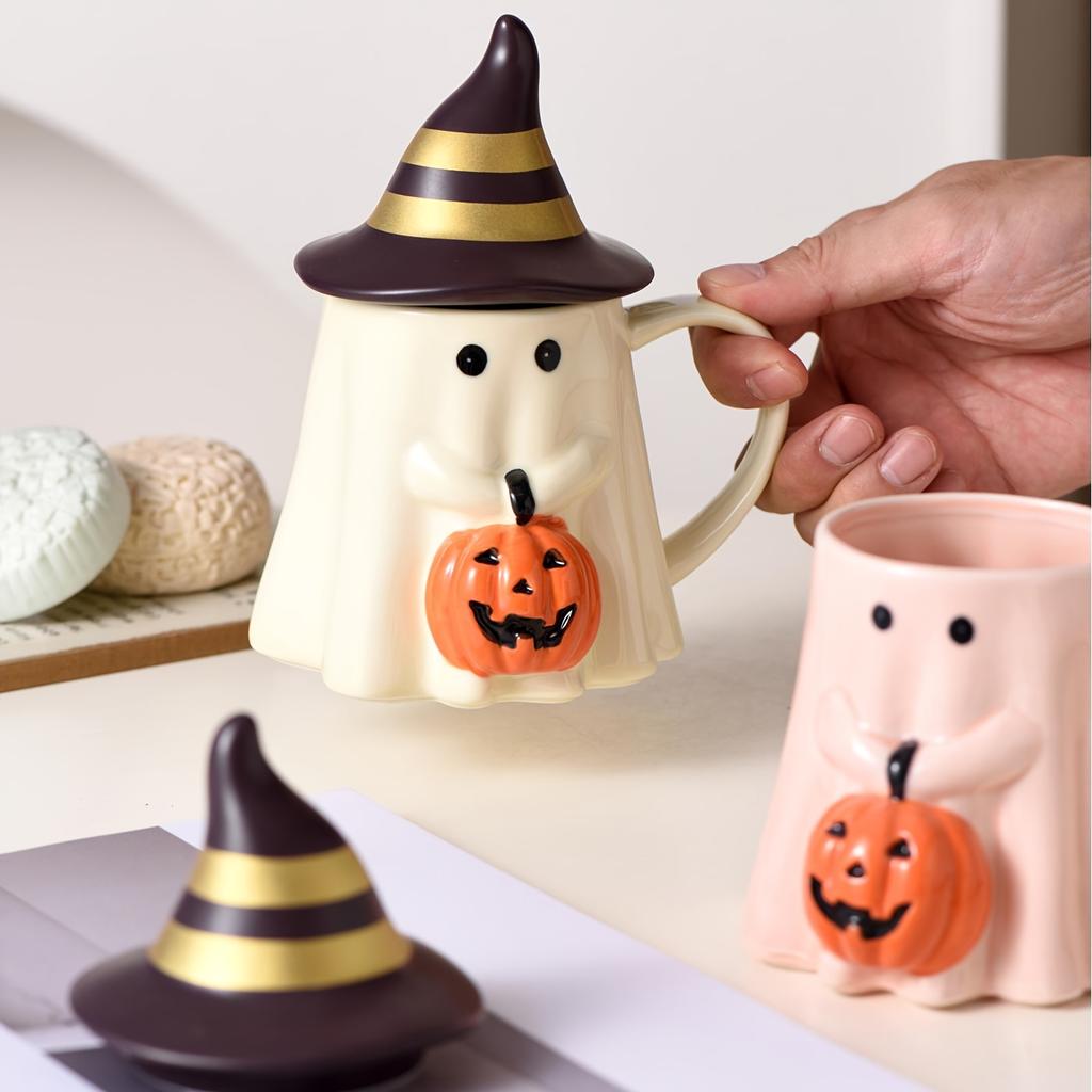 1ks 450ml/15oz Halloweenský keramický hrnek na kávu s 3D roztomilým dýňovým designem, novinkový hrnek s duchem s rozkošným dýňovým obličejem a kloboukem