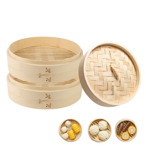 2-Tier Bamboo Steamer Set, Heat-Resistant and Durable, Small, Washable, Reusable, Stylish Bamboo Steamer with Lid, Cookware, Mini Steamer, Induction C