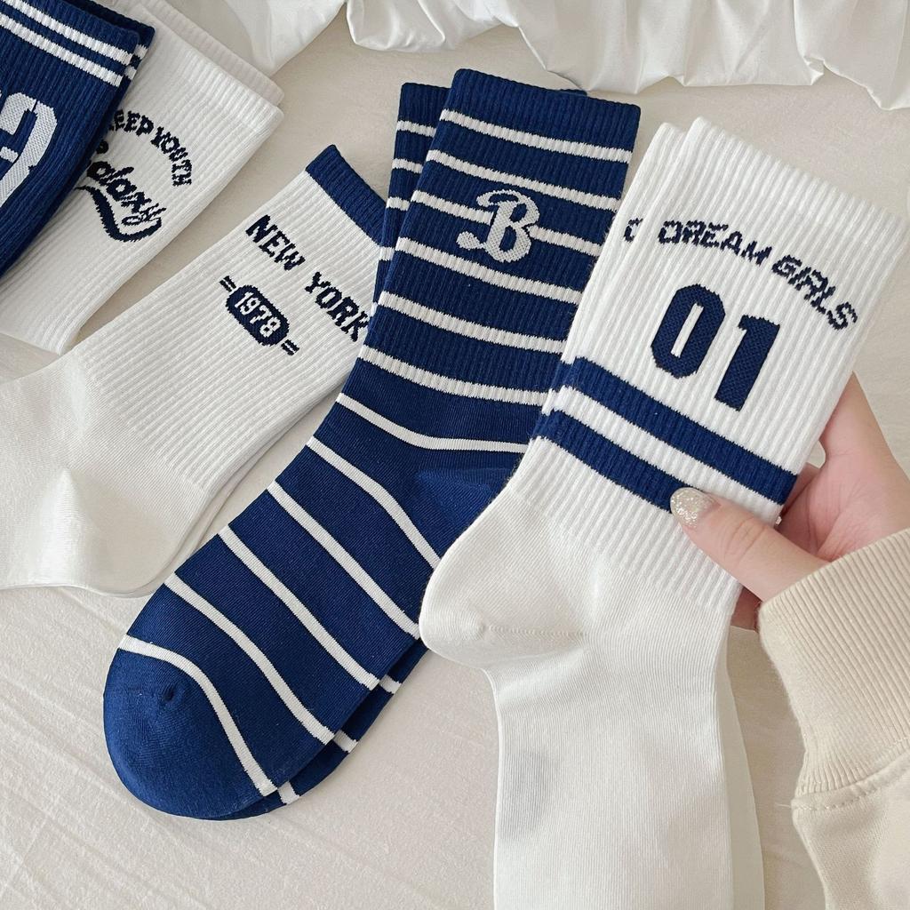 Ladies Autumn and Winter New Letter High Rubber Stripe Two Bars Sport Tube Cotton Socks