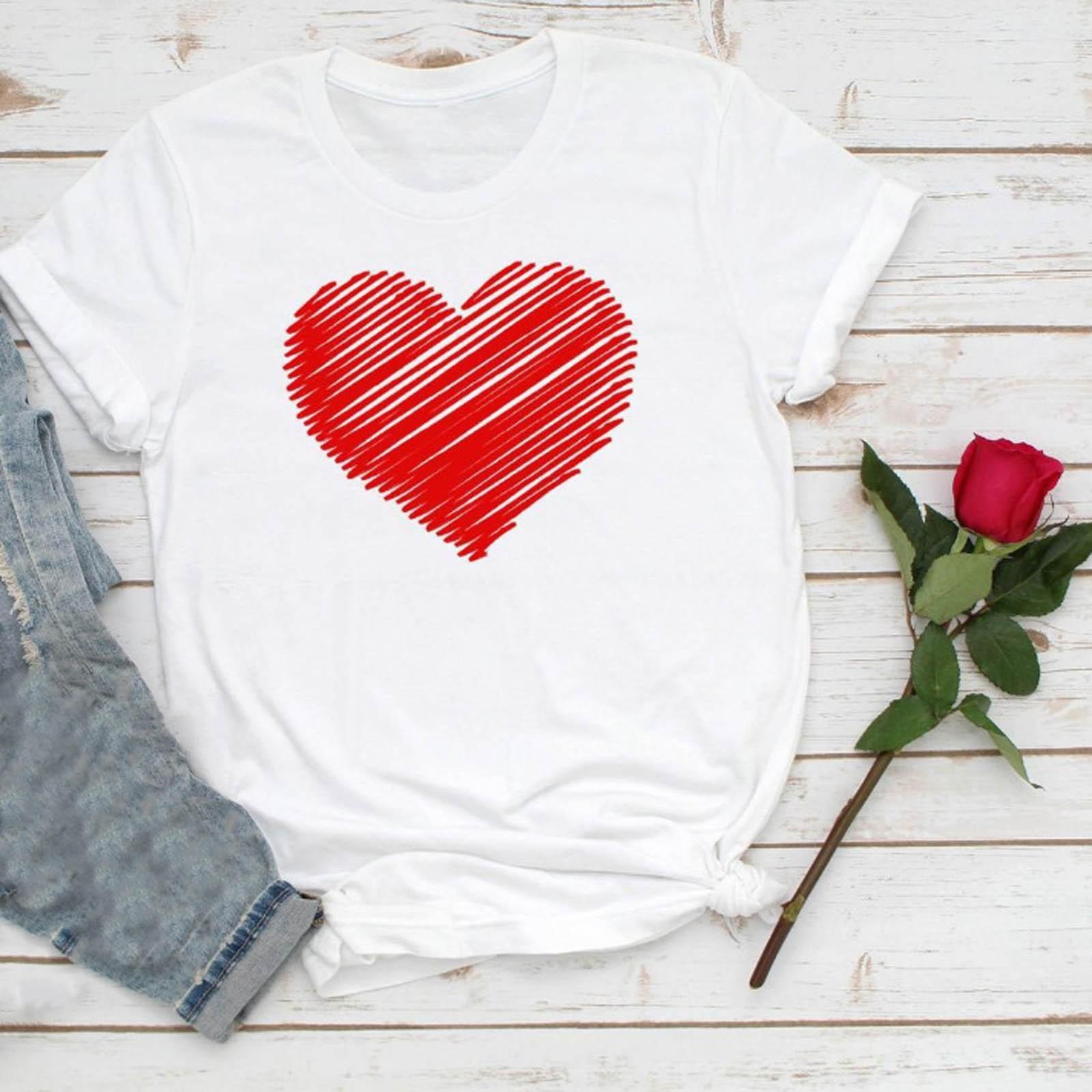 

Womens Tops Short Sleeve Heart Shaped Printed T Shirt Casual Shirt Blouse M білий