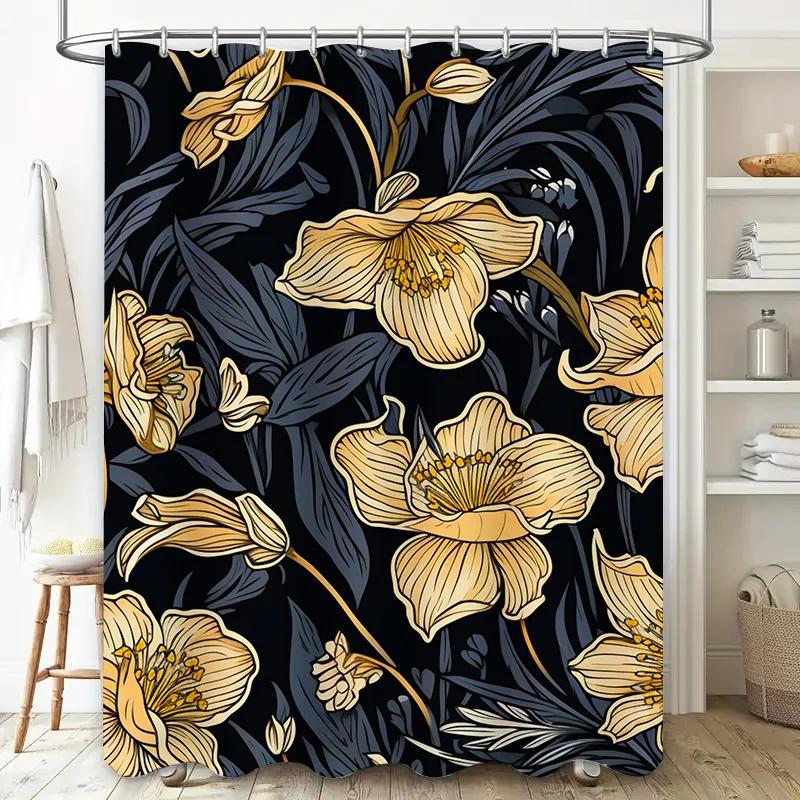 Luxurious Golden Floral Bath Shower Curtain Decorative Waterproof Home Decor Bathroom Decoration for Wet Areas Navy Blue