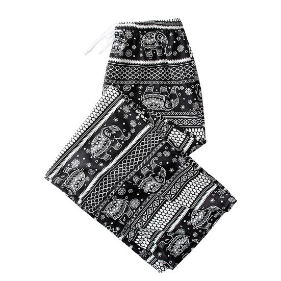 Women Casual Pants Wide Leg Elephant Print Elastic Waist Adjustable Drawstring Loose Fit Trousers Travel Work Daily Wear